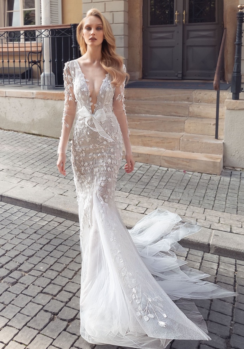 floral long sleeve wedding dress