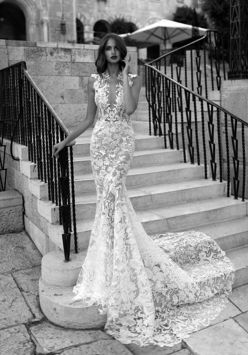 Adi Shlomo | Pansy Tattoo-Effect Long Sleeves Mermaid Wedding Dress