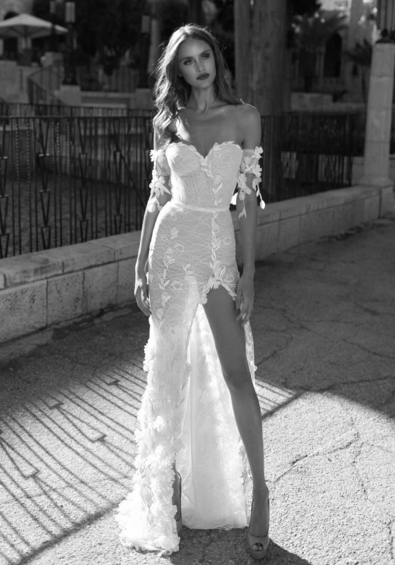 Adi Shlomo Begonia Embroidered Sensual Lace Slit Gown Designer