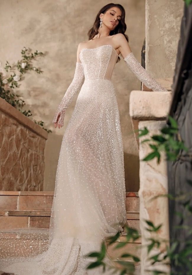 amber beaded dress ASHLEYlauren 11205 Sequin Gown with Three Quarter Sleeves