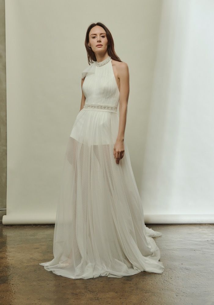 beach wedding dresses halter neck ZAPAKA Women White Long Beach Dress Sheath Halter Chiffon Bridal Dress, Mint / US8