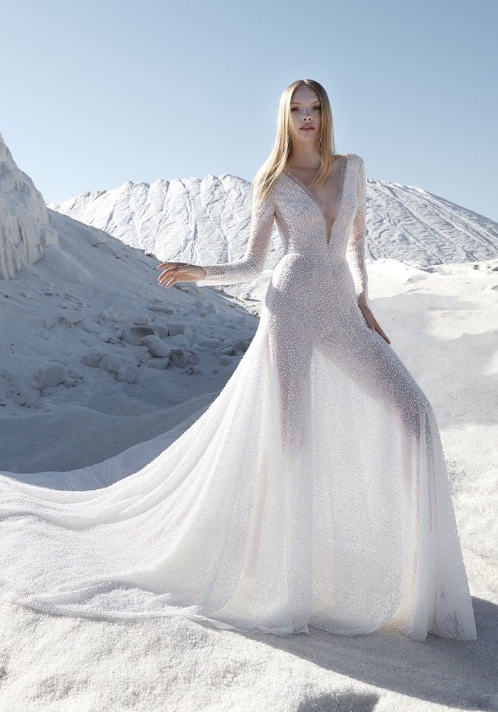 Pronovias Rosier Beaded Long Sleeve Sheer Wedding Dress HK