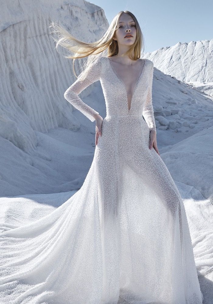 Pronovias Rosier Beaded Long Sleeve Sheer Wedding Dress HK