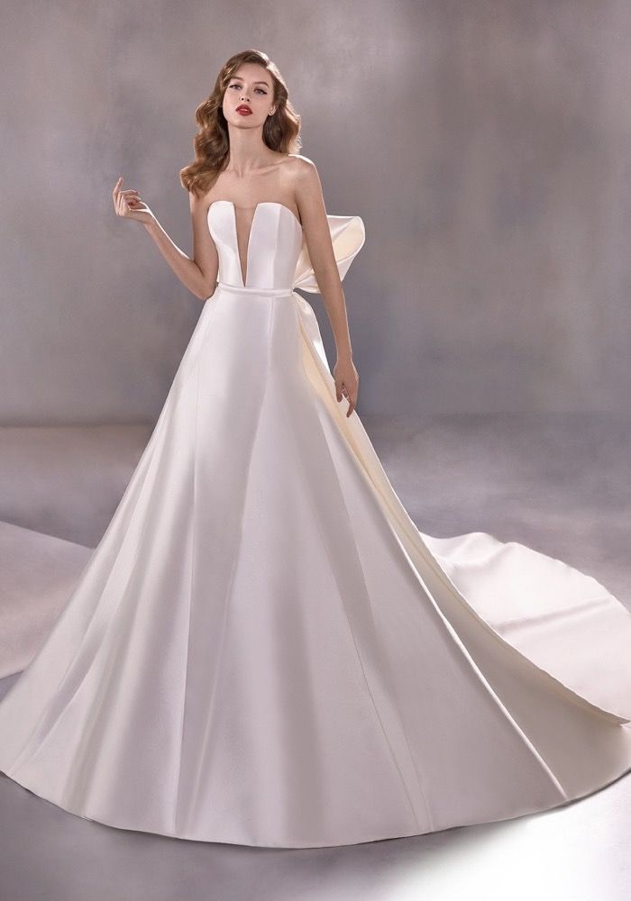 Irlan Mikado Ballgown with Floral Applique and Deep V-back by Pronovias