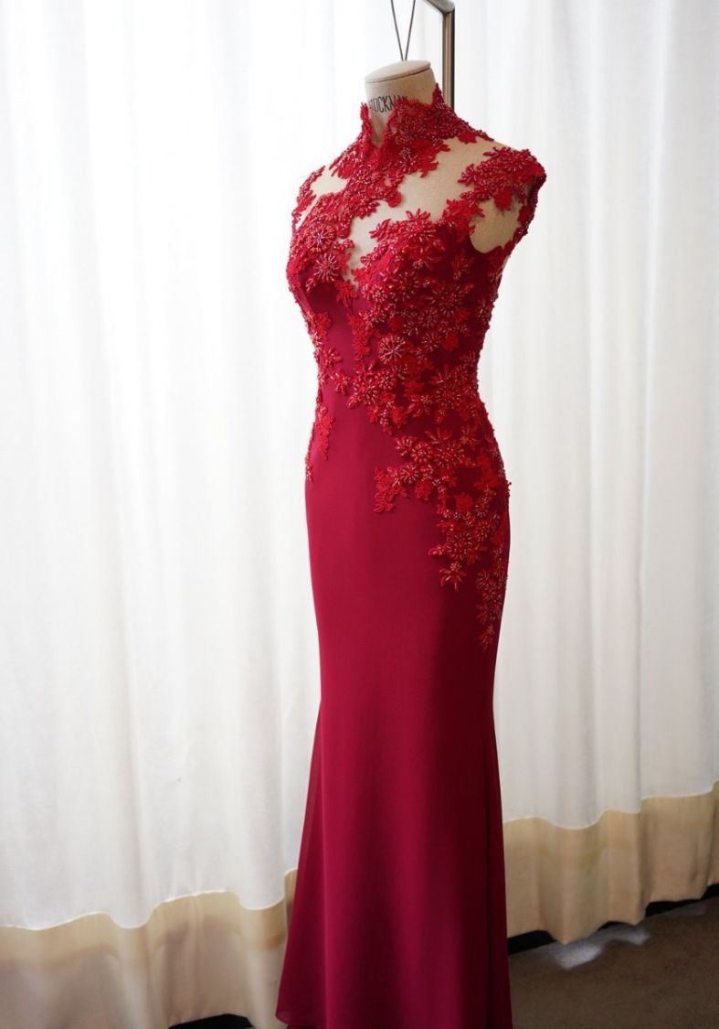 Emmanuel Haute Couture, Embellished Red Cheongsam