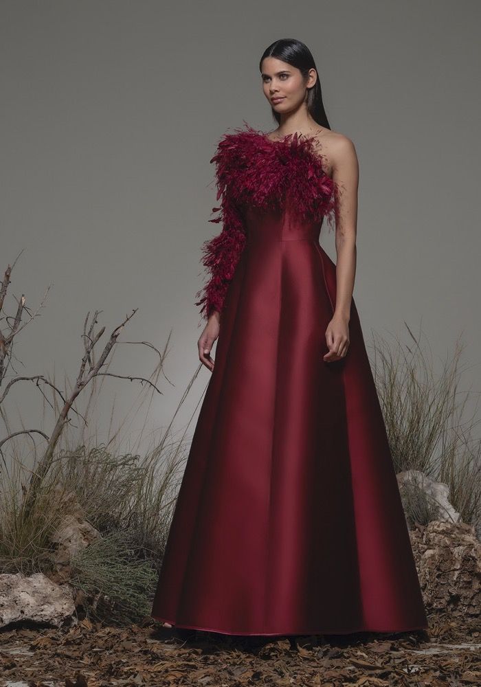 Isabel Sanchis Binetto Burgundy Red Satin Gown HK | Designer Bridal Room