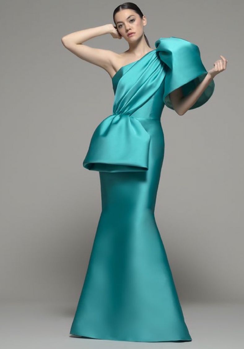 Buy Green Satin Silk Readymade Designer Gown Online -