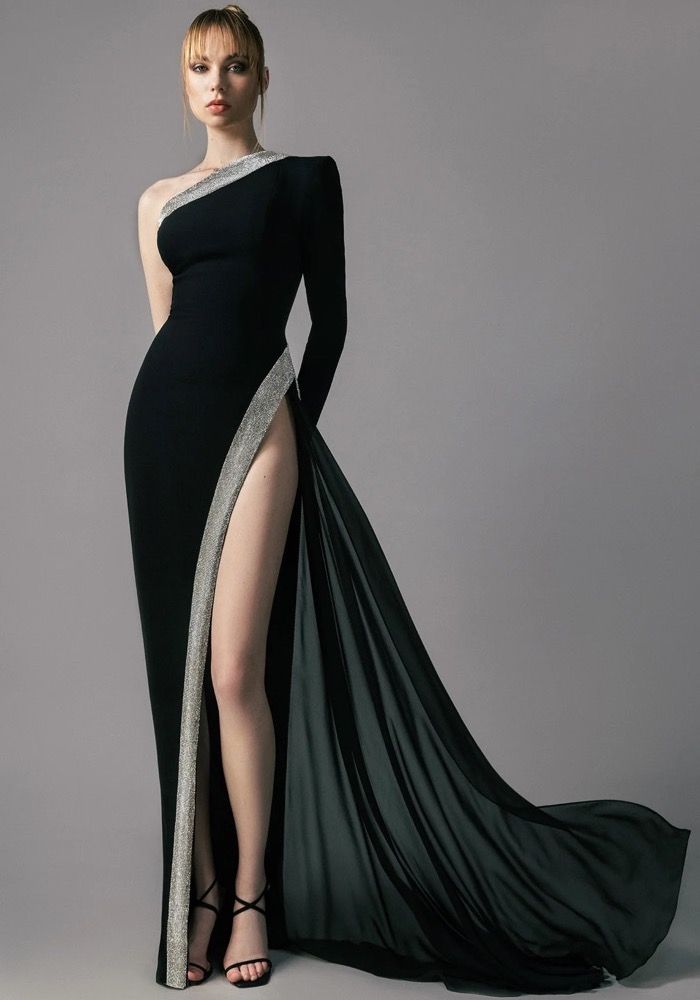 Jean-Louis Sabaji Long Sleeve Black Crepe Slit Gown HK