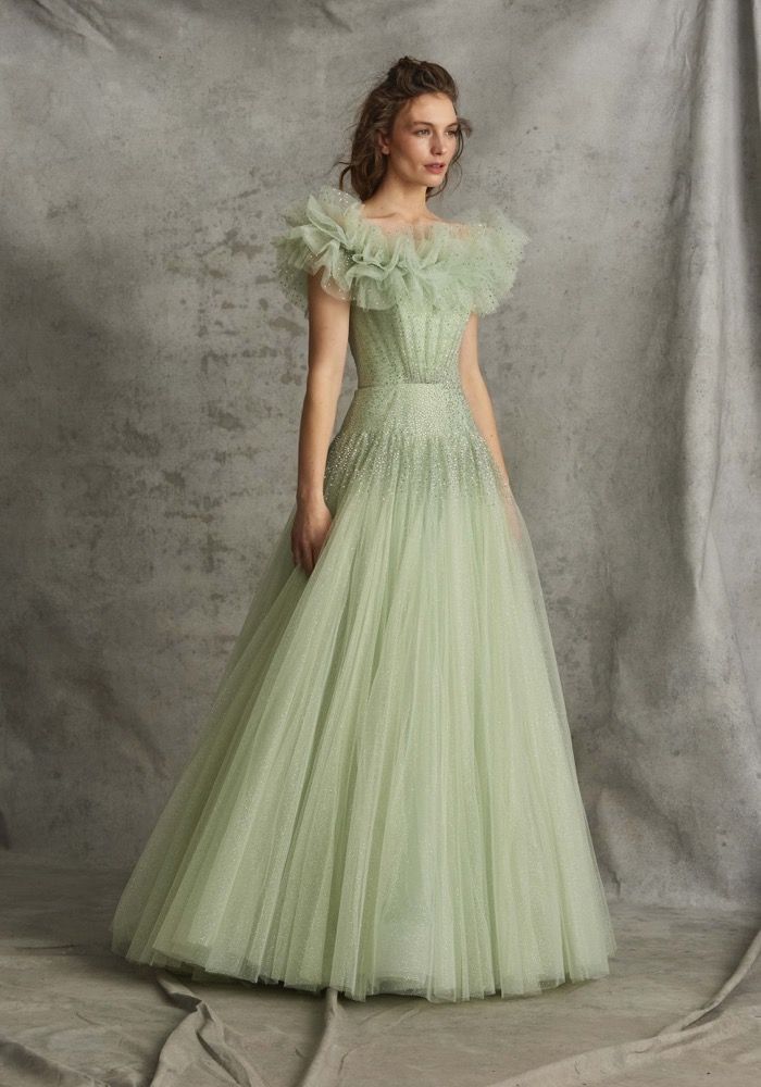 Jenny Packham Wonder Beaded Ruffle Green Evening Gown HK Jenny Packham Wonder Beaded Ruffle Green Evening Gown HK