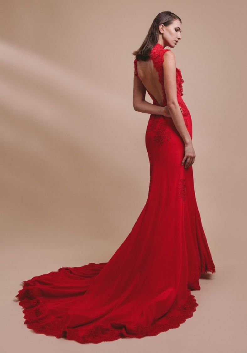 strapless open back dress Maanasi Ruched Sleeve Jersey Maxi Dress, Red Abstract – Jolie Moi Retail main image 1