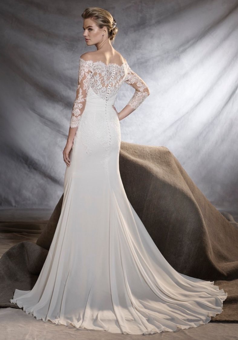 off the shoulder crepe wedding dress