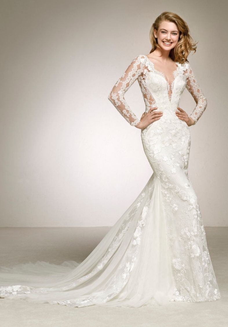 Pronovias Damaris Lace Wedding Dress With Sheer Sleeves Designer Bridal Room