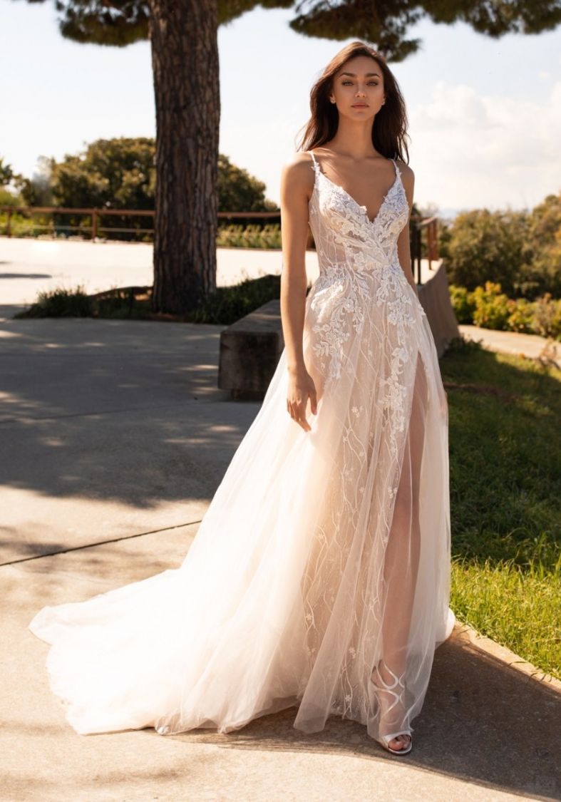 Pronovias | Hyperion High Slit Flowing Wedding Dress with Straps | Designer  Bridal Room