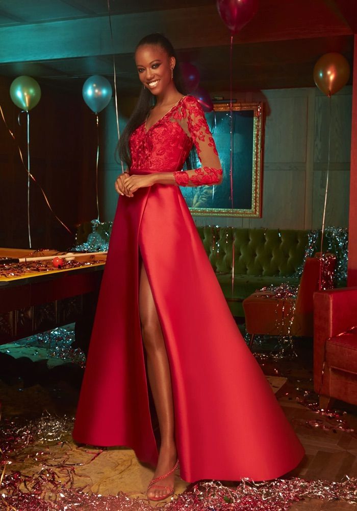 Pronovias Lace 113 Long Sleeve Red Evening Dress HK  Designer Bridal Room