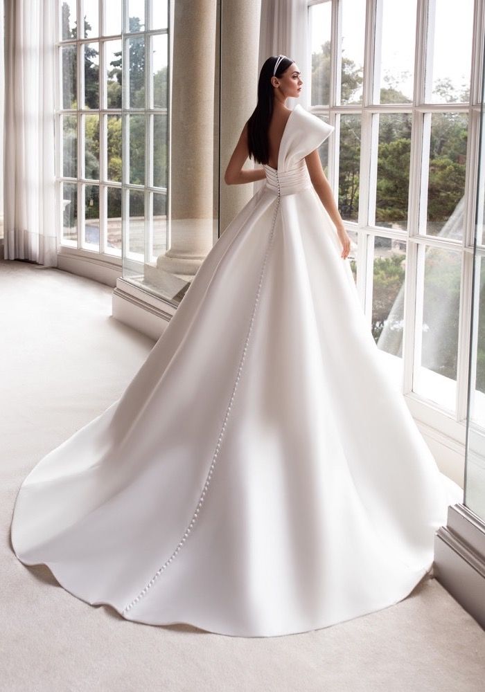 Avonia Mikado Wedding Gown with Off Shoulder Sleeves by Pronovias