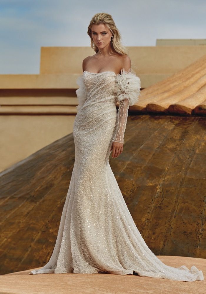 Pronovias Caledonia Draped Beaded Wedding Dress HK | Designer Bridal Room Pronovias Caledonia Draped Beaded Wedding Dress HK | Designer Bridal Room
