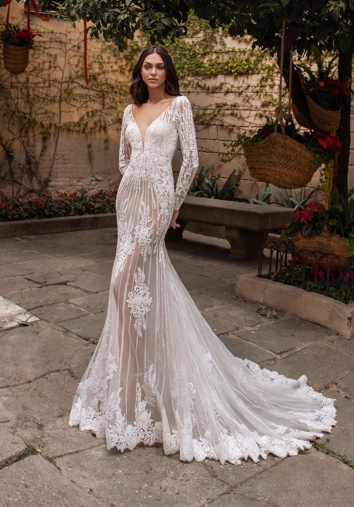 Pronovias  METHONE Embroidered Semi-Sheer Lace Wedding Dress