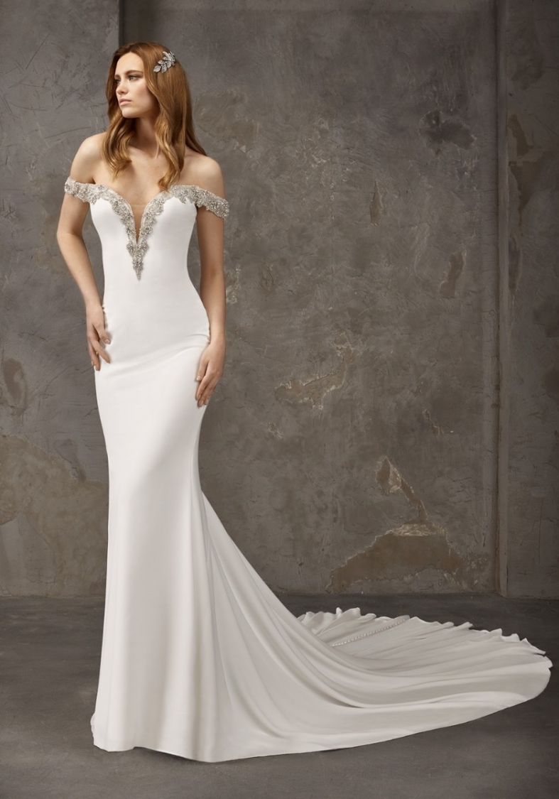 Off shoulder hotsell crepe wedding dress