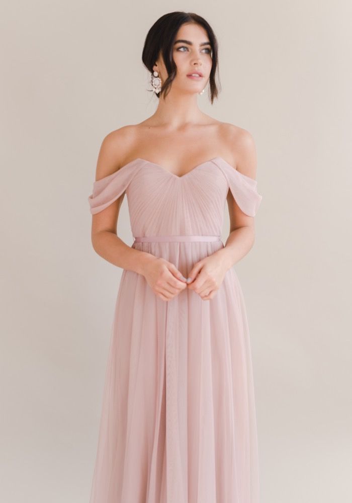 blush pink off the shoulder bridesmaid dress