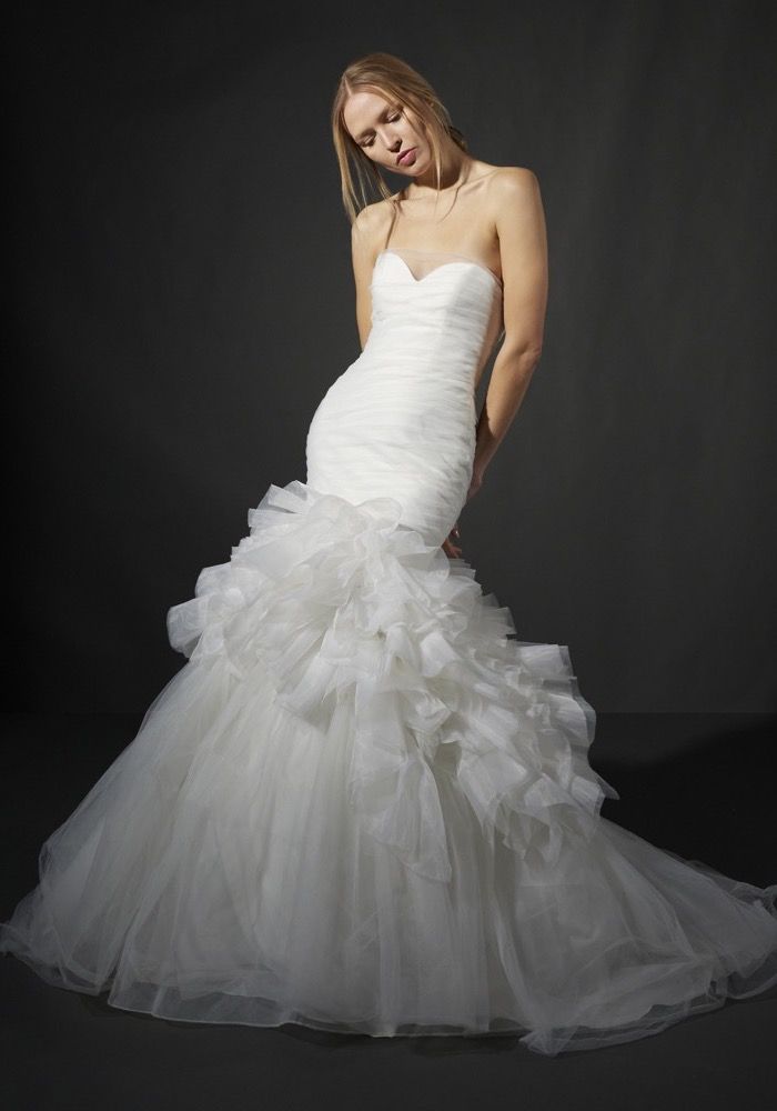 fit and flare wedding dress with ruffles Draped Strapless Mermaid Wedding Dress Fit-and-Flare Tulle Gown with Ruffled Skirt White / 18W main image 1