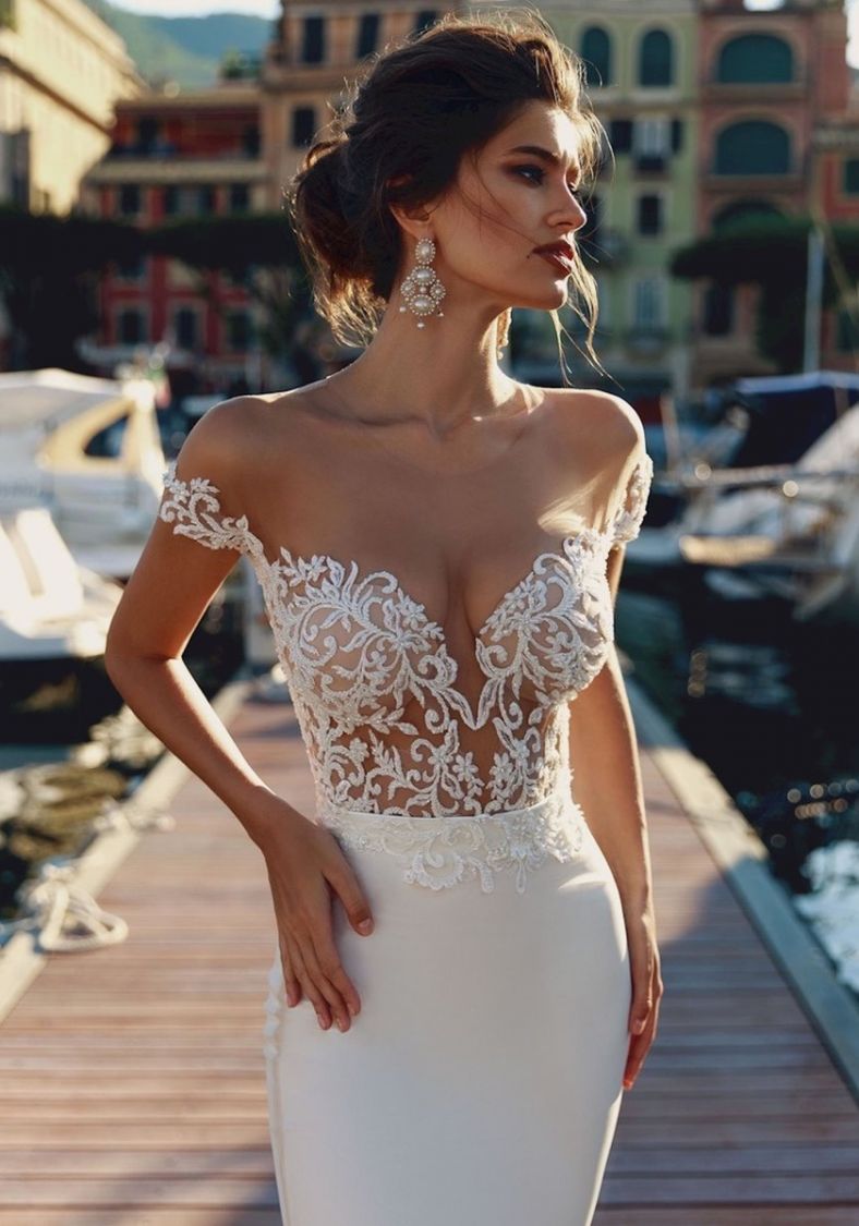 crepe mermaid wedding dress with metallic embroidery Off White Embellished Mermaid Bridal Dress JB07260