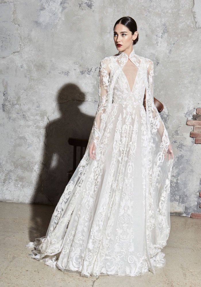 Zuhair Murad Beaded Chiffon Gown with Cape Sleeves - District 5