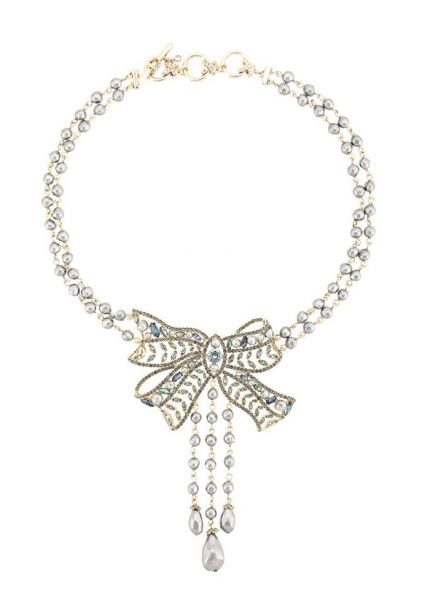 Embellished Ribbon Silver Tone Necklace