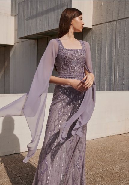 Embellished Cape-Sleeve Gown