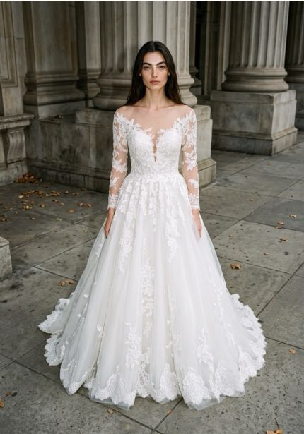 Embroidered Long Sleeve Wedding Dress