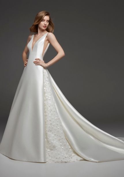 Classic Mikado Flared Gown with Beaded Flowers