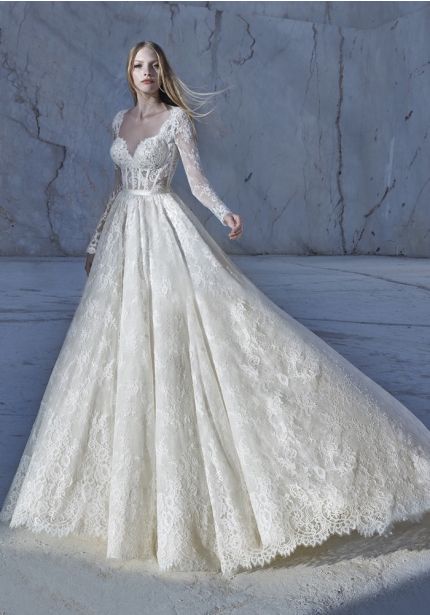 Embroidered Long Sleeve Corset Wedding Dress