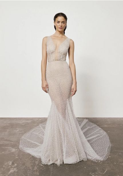 Heavily Beaded Sheer Tulle Wedding Dress