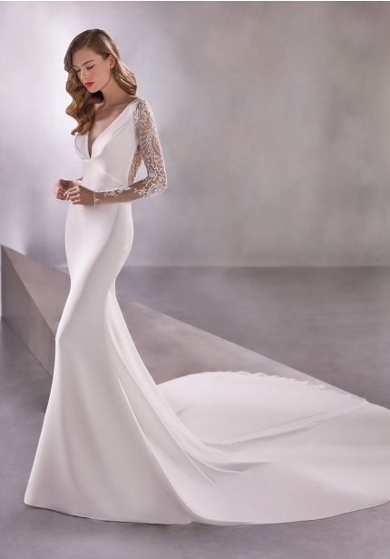 Crepe Wedding Dress with Sheer Sleeves