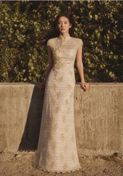 Beaded Gold Lace Cheongsam