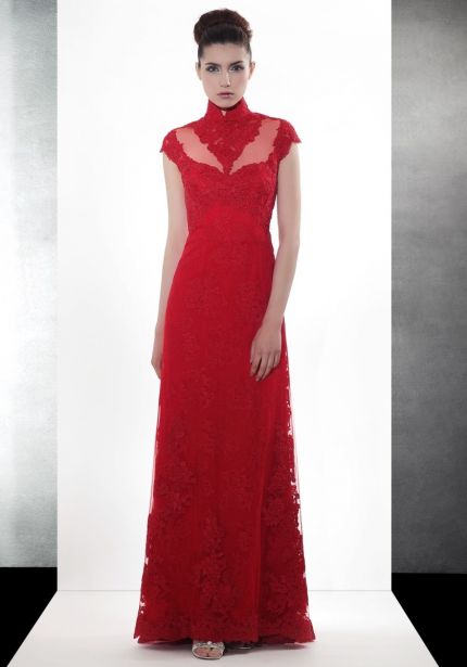 Embroidered Red Lace Gown