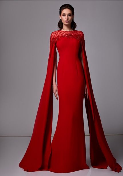 Beaded Long Red Crepe Gown