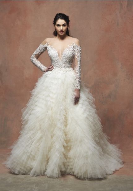 Embellished Long Sleeves Ruffle Ball Gown
