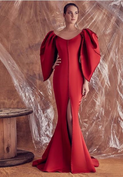Graphic Tulip Sleeves Red Gown
