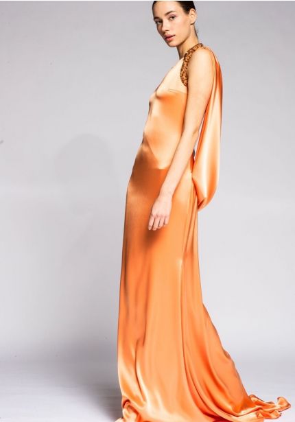 Embellished Draped Satin Gown