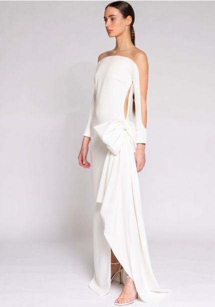 Long Sleeve Crepe Slit Gown
