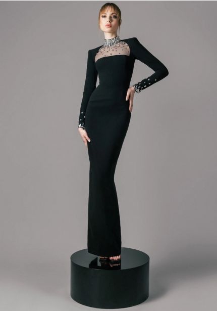 Embellished Long Sleeve Crepe Gown