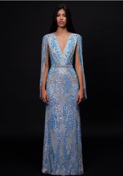Beaded Cape Sleeve Evening Gown