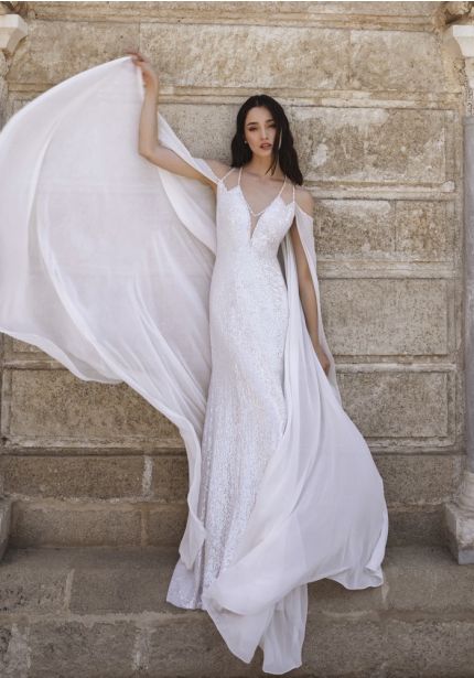 Sequinned Cape-Effect Wedding Dress