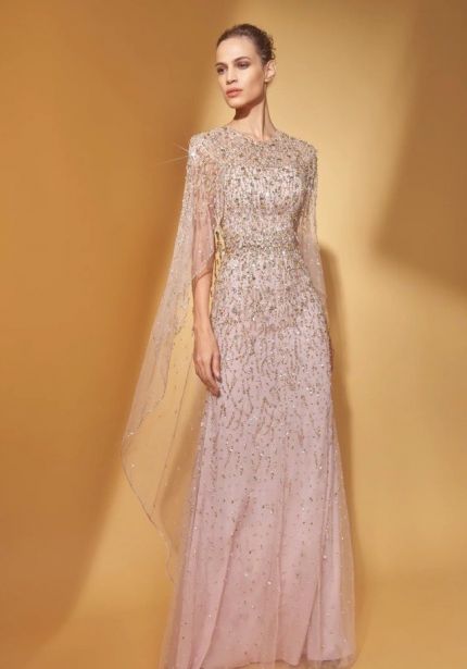 Embellished Cape Evening Gown