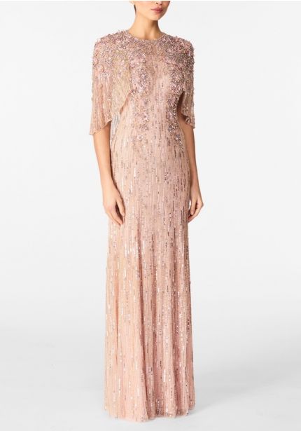 Embellished Cape Sleeve Evening Dress