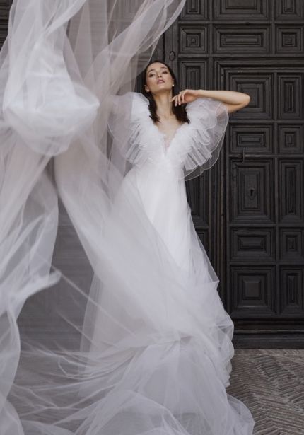 Ruffled-Detail Tulle Wedding Dress