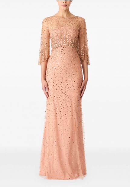 Embellished Sheer Sleeve Gown