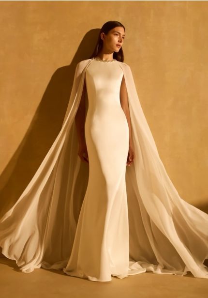 Cape-Effect Crepe Wedding Dress