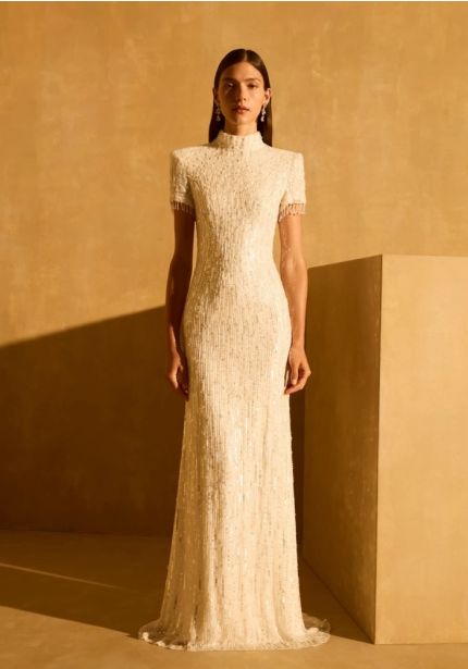 Sequinned Short Sleeve Wedding Dress