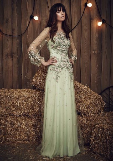 Floral Embellished Mint Green Tulle Gown